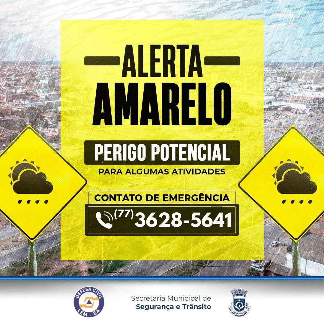 O Instituto Nacional de Meteorologia emitiu neste sábado (19) de abril ALERTA AMARELO DE CHUVAS INTENSAS para Luís EduardoMagalhães – Bahia.