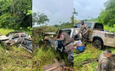 Viatura da PM capota em perseguição na RMS e policial é resgatado de helicóptero